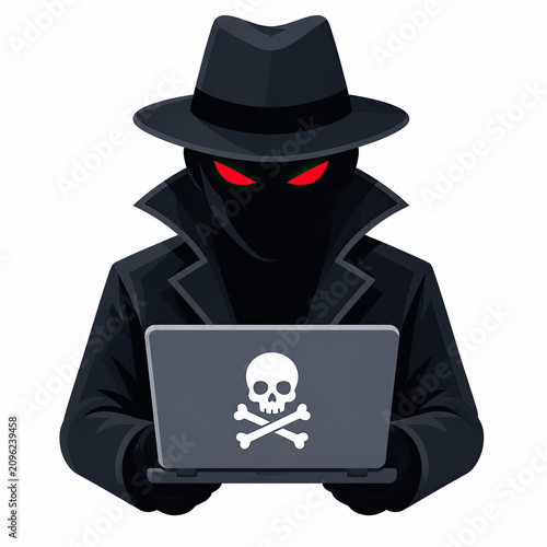 Hacker, anonymous person, black hat, red eyes, skull laptop, cybercrime, security threat
