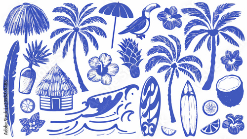 Foto Tropical elements collection a detailed blue sketch illustration with palm leave