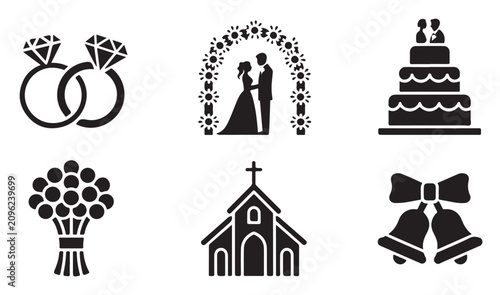 Canvastavla Set of wedding themed vector icons with rings arch cake bouquet church and bell symbols