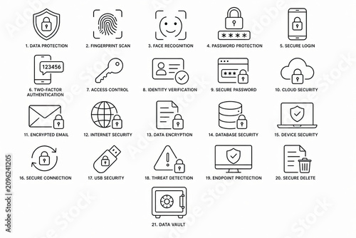 Set of simple black line art icons for business and finance web design isolated on white background
