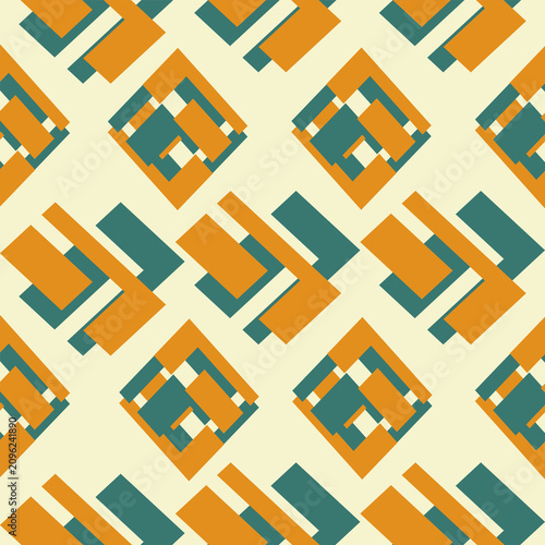 Geometric seamless pattern featuring bold orange and teal overlapping rectangles on cream background. Modern abstract design retro style, clean shapes, repeating texture , contemporary decor, vector
