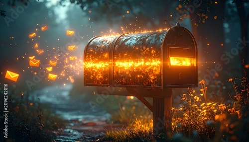 Tapety artystyczne Magical mailbox glowing with warm light and sending out glowing envelopes into the evening forest