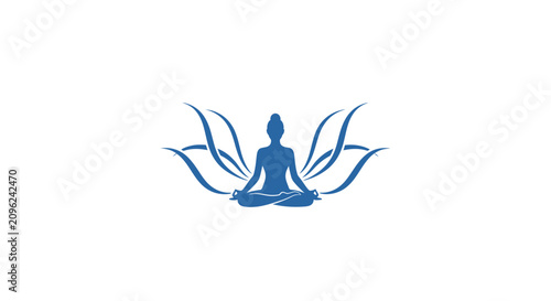 Fotografie A blue silhouette of a person sitting in a meditative pose with floral elements
