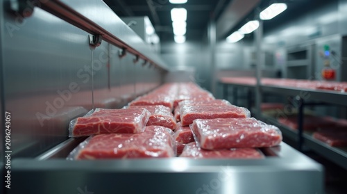 Planta moderna de procesamiento de carne con productos envasados ​​que pasan por sistemas automatizados de control de calidad