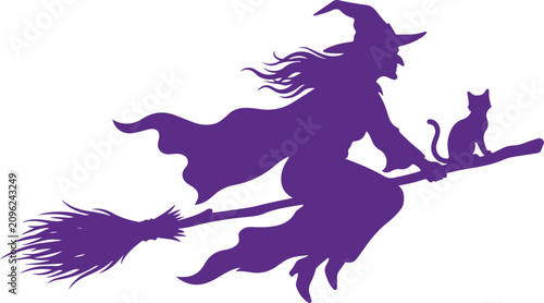 Foto Purple silhouette of a witch flying on a broomstick with a cat isolated on white