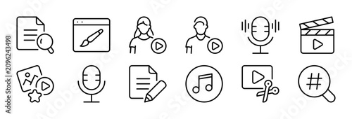 Content Creation thin line icon set. Editing, Tools, Publishing, Creator, Social Media, Production concept. Black outline vector icons collection.