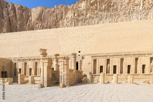 The Ptolemaic portico leading into the Main Festival Courtyard on the third (upper) terrace of the Mortuary Temple of Hatshepsut in Luxor Egypt.