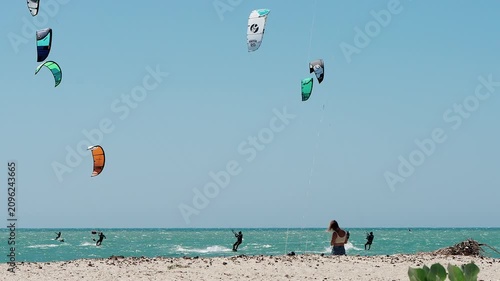 woman watching kitesurfers compiting at the beach