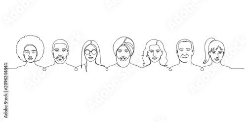 Minimal one line illustration of inclusive community with people from different backgrounds.