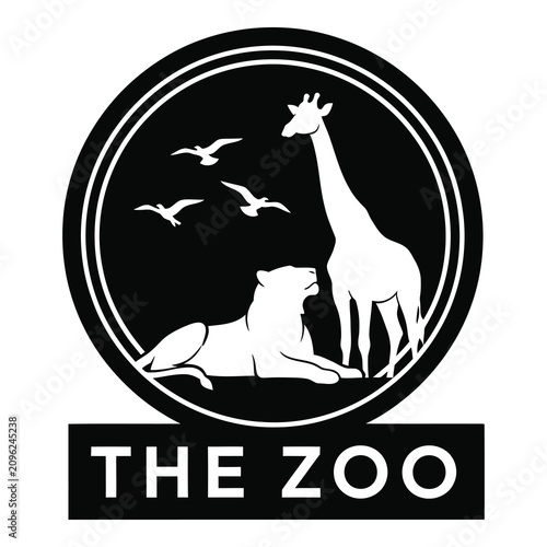 Canvas Print Black and white zoo logo with giraffe lion and birds  zoo symbol icon