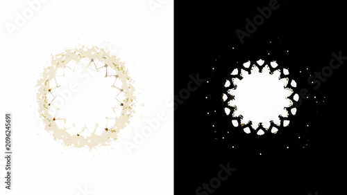 Fotografia Circular particle ring with a speckled texture is presented on white and black b