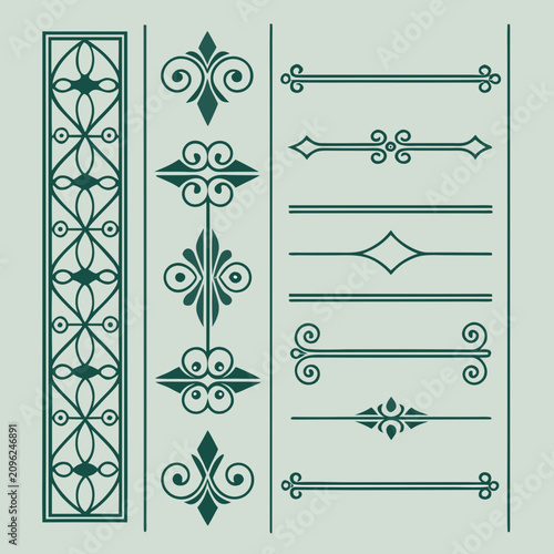Decorative column borders and geometric page dividers featuring intricate line work and symmetrical scroll patterns ideal for antique book layouts and historical style publication illustrations.