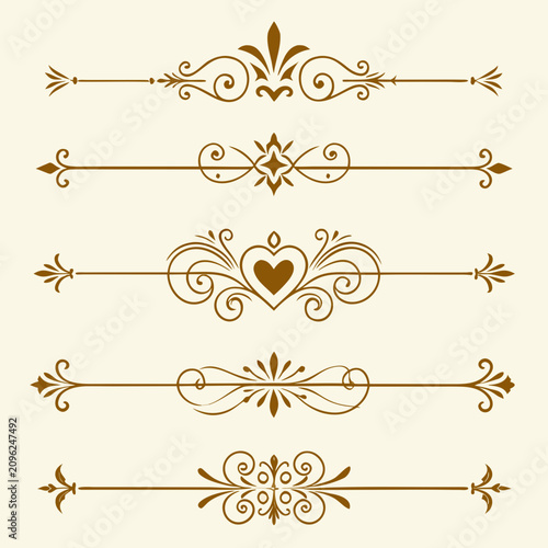 Calligraphic decorative line dividers set of golden vintage borders for invitation cards elegant filigree scroll embellishments for document layout classic ornamental page break decorations.
