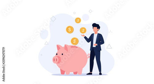 Man in Suit Depositing Coins into Piggy Bank for Savings and Financial Growth