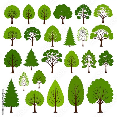 A collection of 20 different trees with various green leaves on white