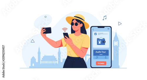 Woman with Smartphone Using Audio Tour App with Cityscape Background