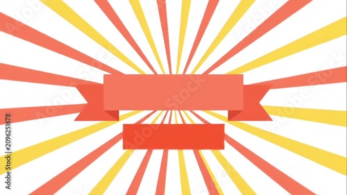 Animated flat red ribbon template on a rotating yellow and red retro sunburst background