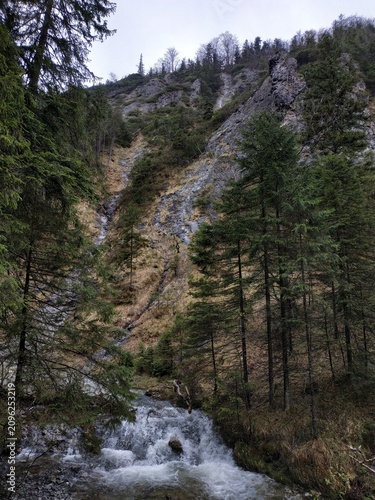 Scenic Mountain Landscape with Pine Trees and Waterfall in Zakopane, Tatra Mountains