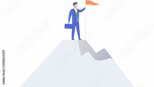 Obraz na płótnie A businessman with an orange flag stands atop a mountain peak vector illustratio