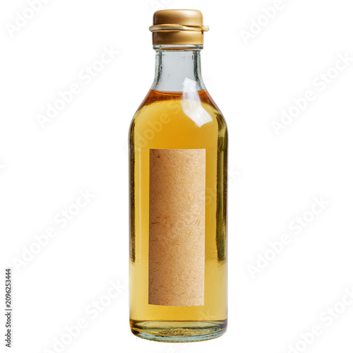 Glass bottle of pale golden sweet Japanese mirin cooking wine. Isolated white background. Png format