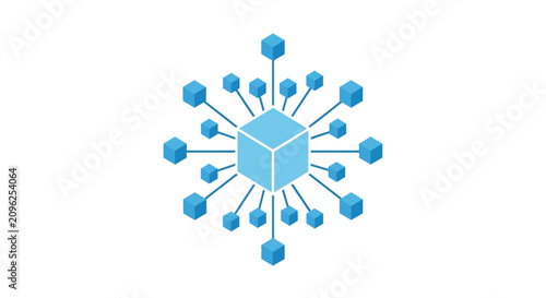 Foto A central blue cube connected to many smaller cubes in a radial network pattern