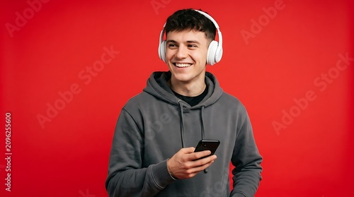 Happy young man wearing headphones using a smartphone
