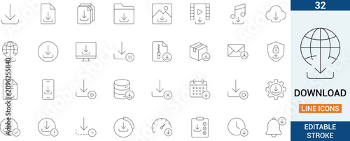 Download vector line icon set. Featuring cloud data storage, file save install process and internet web apps document archive.