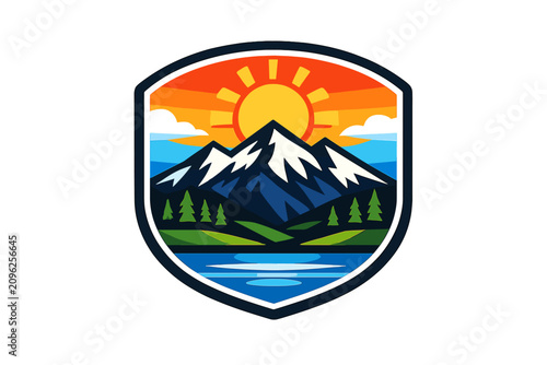 Mountain landscape with sunset and shield.