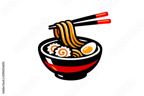 A bowl of noodles with chopsticks.