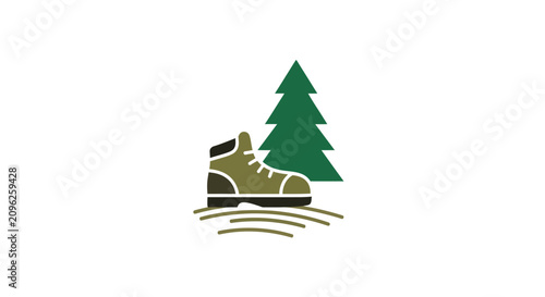 Tableau sur toile A minimalist graphic illustration of a hiking boot next to a green pine tree