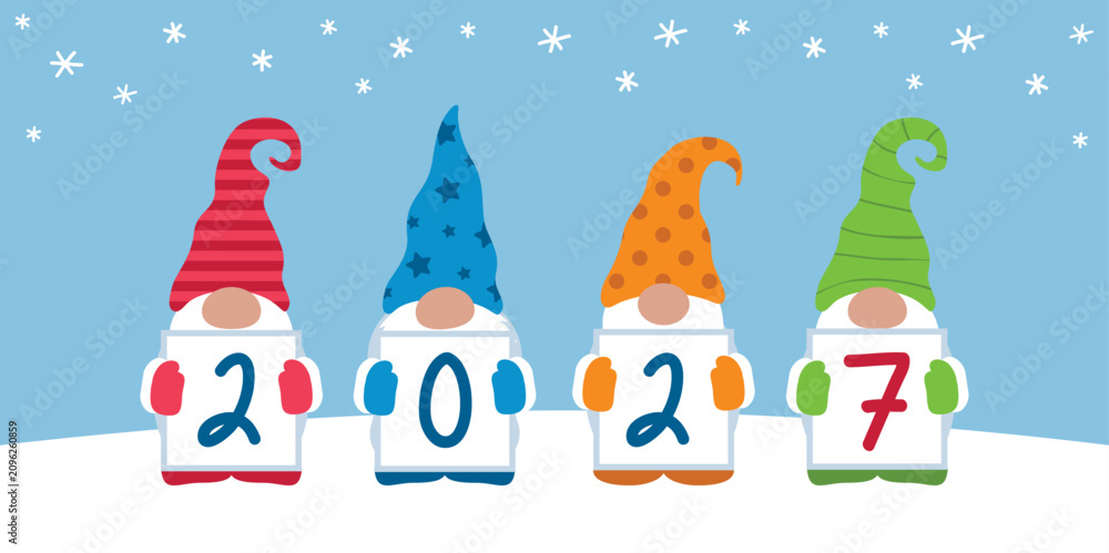 Obraz premium christmas and new year greeting card 2027 cute christmas dwarf vector illustration
