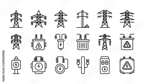 Electricity Power Icons: A collection of stylized line icons representing various electrical power infrastructure and components. energy transmission, power grid, voltage, circuit, technology concept.