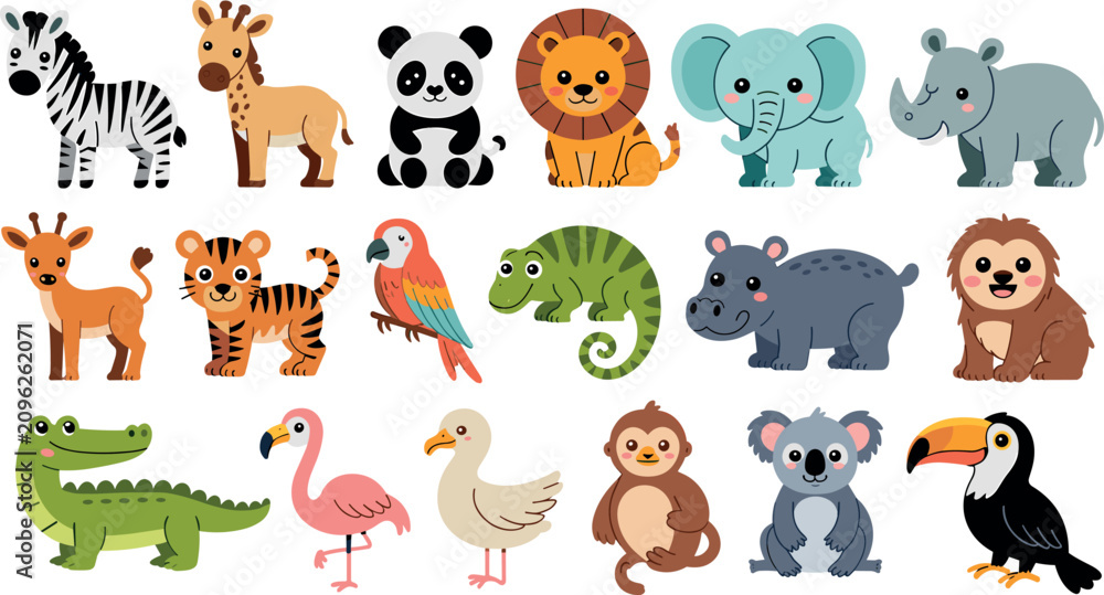 Fototapeta premium Cute safari jungle wild animal cartoon character set featuring lion tiger elephant panda zebra koala crocodile toucan vector illustration