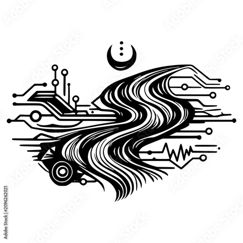 Abstract Digital Flow: A stylized representation of digital information flowing like hair, intertwined with circuit board patterns and celestial symbols.