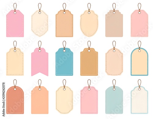 A collection of 20 variously shaped and colored tags on a white background