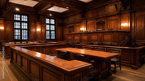 A grand courtroom with rich wooden paneling  elevated judge s bench  and rows of seating under warm lighting