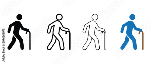walking stick user icons in different colors and line styles for accessibility and health concepts  elderly people with canes