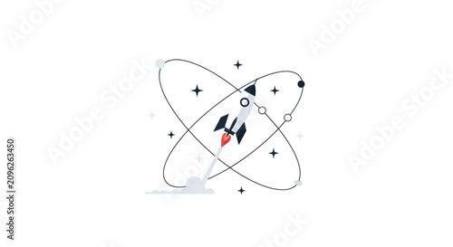 A minimalist illustration of a rocket ship launching through orbital rings