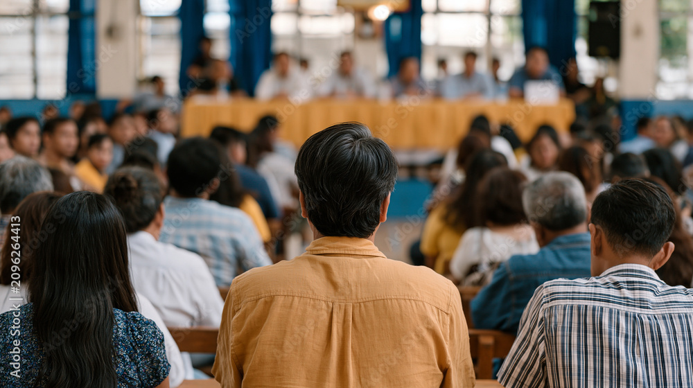 Fototapeta premium Filipino school board community meeting in gymnasium, parents and teachers seated in rows facing panel table, tense deliberation body language, urban Manila public school