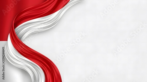 Clean horizontal background template with realistic waving and draped red and white silk fabric texture representing the Indonesian flag.