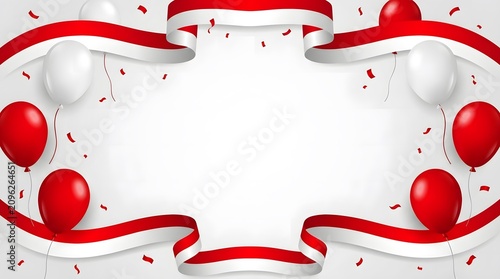 Symmetrical frame background design featuring red and white ribbons on top and bottom with balloons for Indonesia national day celebration.