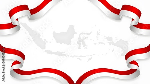 Horizontal banner template featuring wavy red and white ribbons creating a frame with an abstract Indonesian map silhouette in the center.