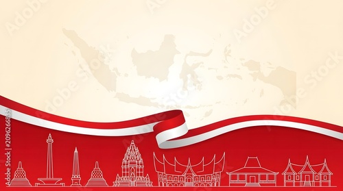 Indonesian independence day horizontal banner design featuring red and white ribbon, map silhouette, and famous landmarks line art on beige background.