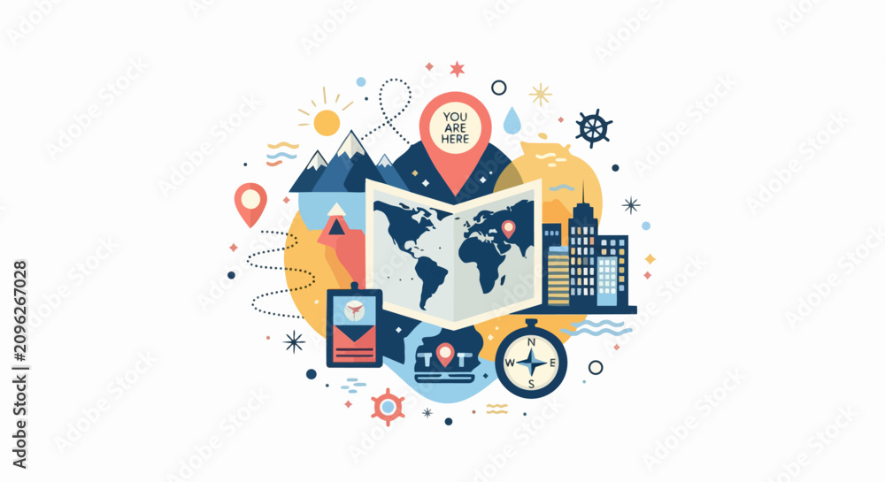 Naklejka premium Global Travel and Exploration Vector Illustration with World Map, Compass, and City Landmarks