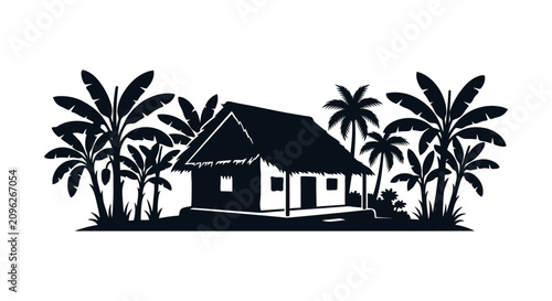 Photos Tropical hut with palm trees black silhouette on white background