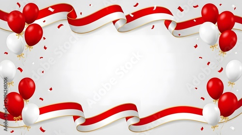 Abstract horizontal background template with red and white waving ribbons forming a border frame with confetti for Indonesia independence day.