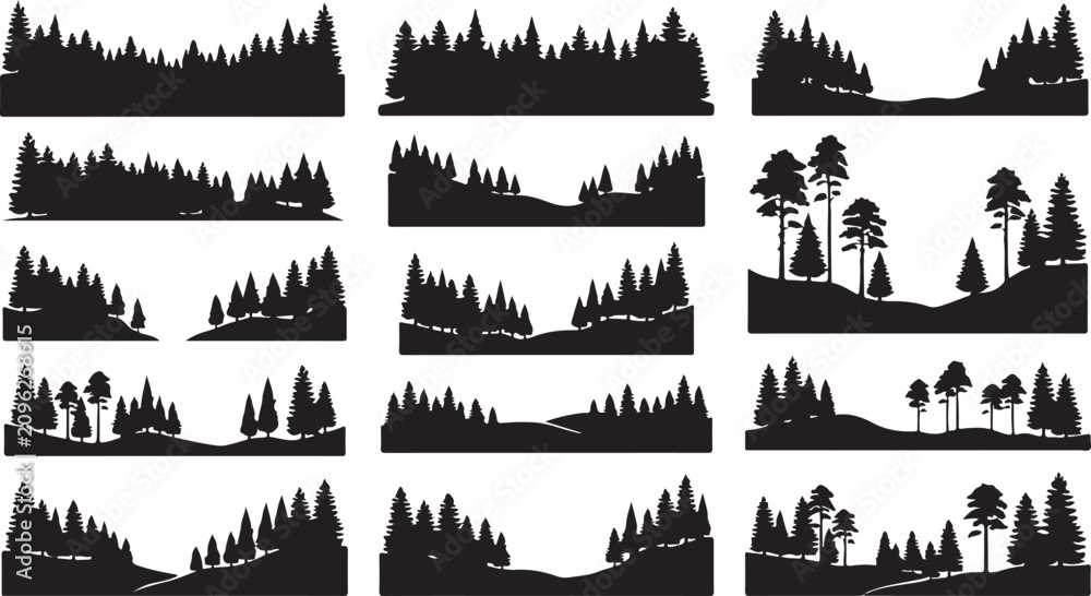 Fototapeta premium Forest Pine Spruce Tree Silhouette Vector Landscape Evergreen Nature Collection Set