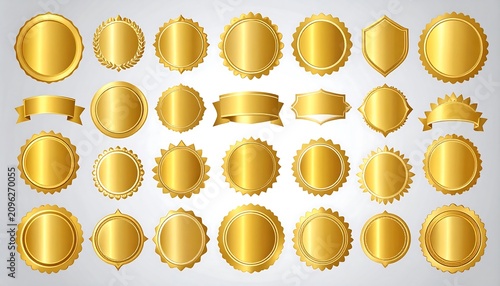 A collection of 25 gold-colored, shiny, circular, and ribbon-like award labels