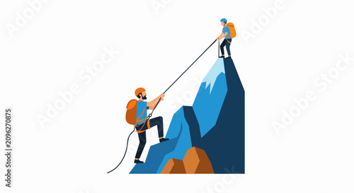 Teamwork and Leadership Concept with Mountain Climbers Helping Each Other Reach the Mountain Peak Vector Illustration