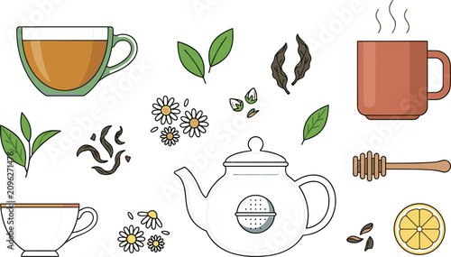 Fotografie Organic loose leaf tea vector illustration set featuring clear glass teapot with